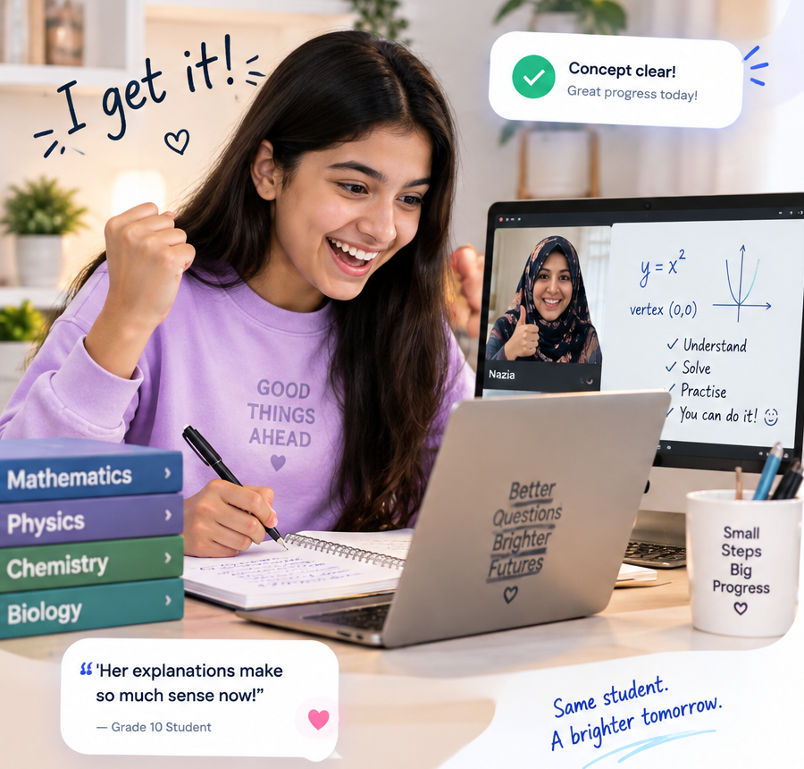 Student celebrating the moment a difficult concept finally clicks during a one-to-one online lesson